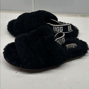 UGG Black Fluffy Slides with Logo Strap